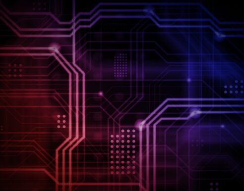 An abstract technological background consisting of a multitude of luminous guiding lines and dots forming a kind of physical motherboard. Red and violet color